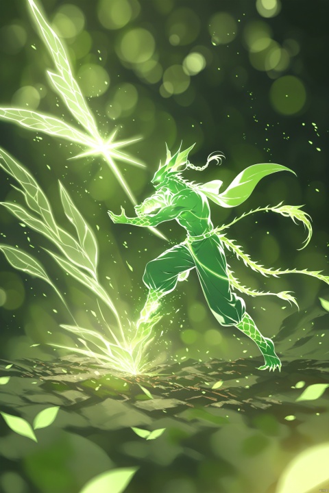 Dragon Blade,Genji from Overwatch holding a glowing sword in his hands summoning a glowing green transparent Chinese dragon around him,dynamic poses,particle effects,dark background,highly detailed,ultra-high resolutions,32K UHD,best quality,masterpiece,