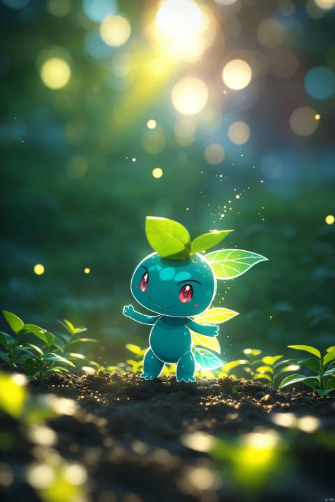 Ivysaur in Pokémon,full body, facing the camera, POP MART style, IP design, holographic, Real texture material, fantastic colors, highest quality, 3D rendering, Unreal Engine, Fantasybackground, cinematic lighting
