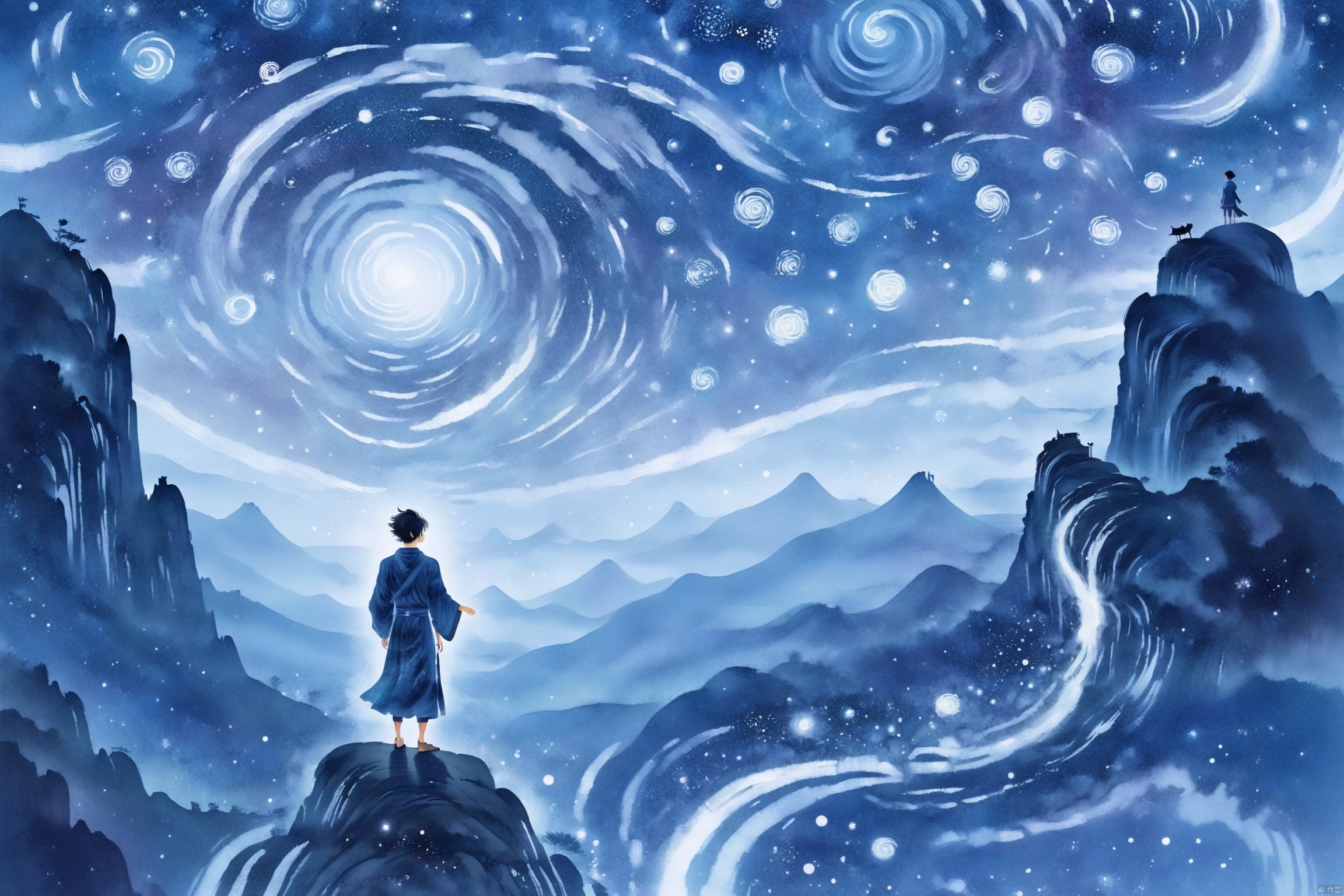  Tie dyeing style, Tie dyeing,Shinkai Makoto style, a whimsical digital illustration of a solitary figure standing on a cliff overlooking the vast starry sky. The figure has a wistful expression, his hair blown by the wind and his robe flowing. The sky is filled with rotating galaxies and constellations, creating a fantastic atmosphere. Bright colors, ethereal lights