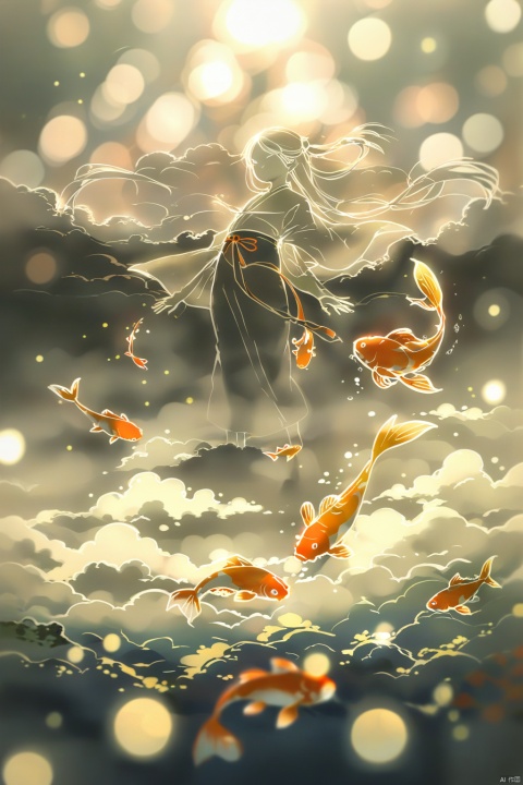 ye ruikun, shocking images, dreamlike scenes, ink style, splash ink elements, brush strokes, chinese painting, chinese tradition, chinese mythology, remote view, panoramic lens, an ancient chinese kid with long hair, a bun, wearing a white taoist robe, he stands on the body of a huge koi carp, the koi carp's body is transparent, gold and red, and the body has a gilt charm, floating in the sea of clouds