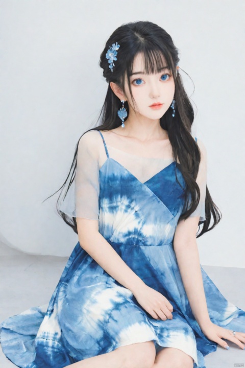  Tie dyeing style, Tie dyeing, 1girl, solo, long hair, looking at viewer, blue eyes, black hair, hair ornament, dress, jewelry, sitting, earrings, blue dress, Blue tie dyeing