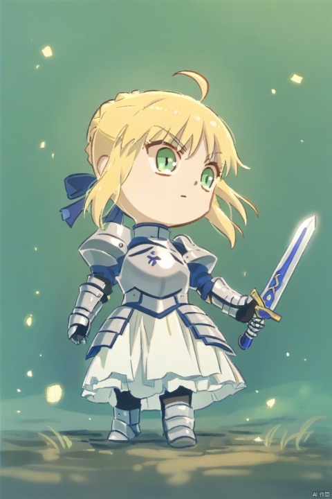  chibi, score_9,score_8_up,score_7_up, 1girl, artoria pendragon \(fate\), solo, saber, blonde hair, weapon, holding sword, armor, ahoge, green eyes, dress, armored dress, gauntlets, excalibur \(fate/stay night\)