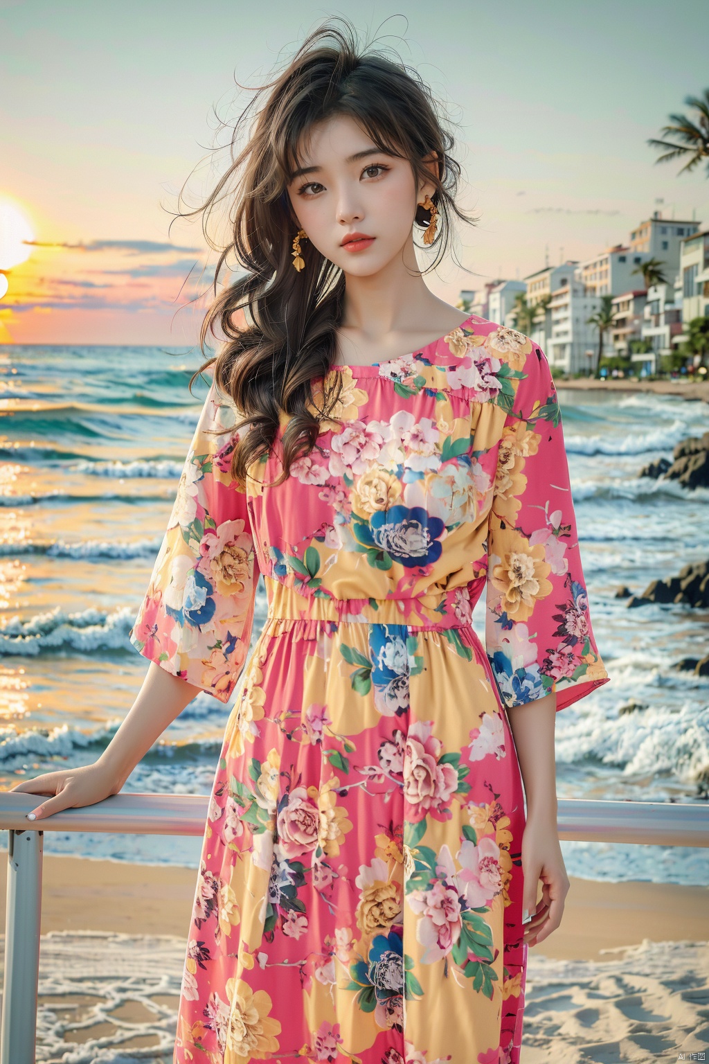  ((masterpiece)), ((best quality)), 8k, high detailed, ultra-detailed, (20-year-old girl), (dress), (strap dress), (on the beach), (solo), (seaside), (sunset), (golden hour), (ocean waves), (sand), (serenity).cuihua, 1 girl, 80sDBA style