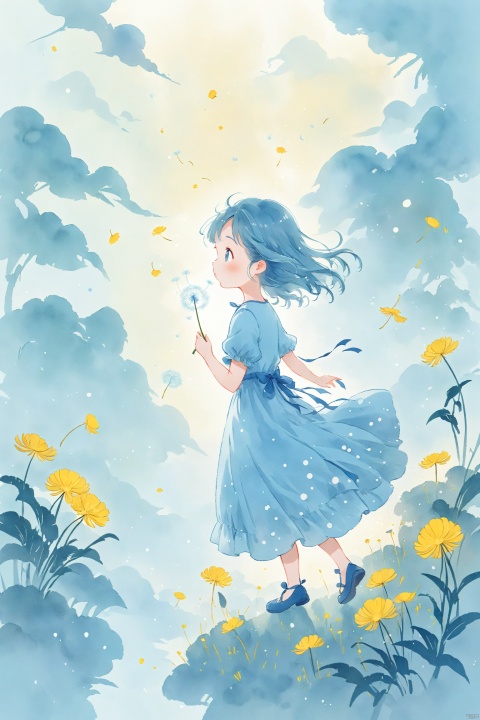 A girl holding a dandelion flower, wearing a blue dress with white dots and yellow flowers on it, blowing away small petals in the style of light skyblue and pale aquamarine illustrations, a simple line drawing reminiscent of children's book illustrations and storybook art, with colorful cartooning and playful character design