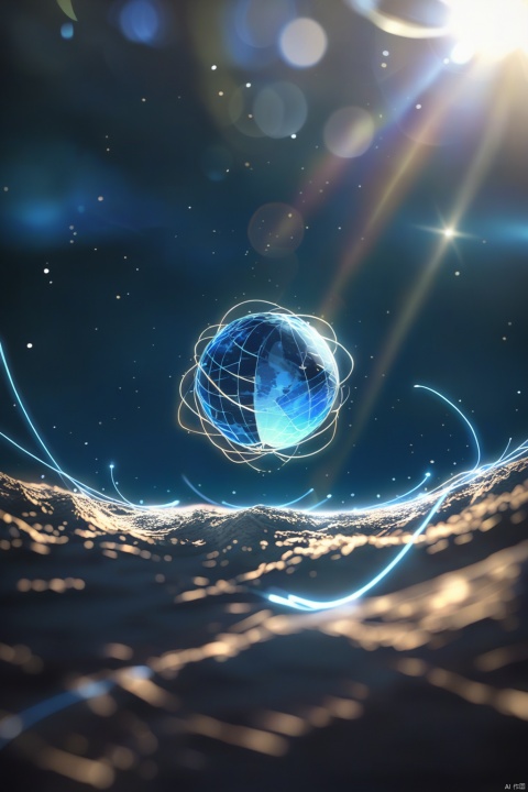 This piece depicts earth, in outer space, blue wavy lines around earth, the blue wavy line in the style of dotted, 3d space, abstract blue lights, abstract earth, streamlined design, rhythmic lines, lens flare, stock photo, backlight, a sense of the future, quantum mechanics, digital artwork, futuristic technology, beautiful, arty, mysterious, award-winning, in the style of 8k