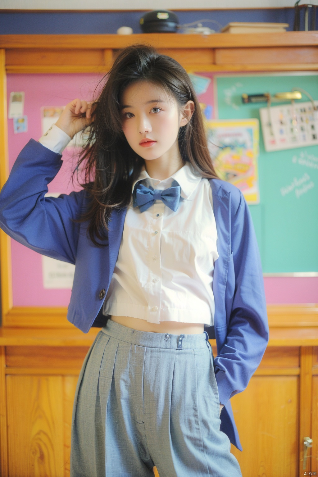 ((Masterpiece)), ((Best Quality)),80sDBA style,  Super High Resolution, 1 Girl, Medium Shot, Busty, Looking at the Audience, School, School Uniform, JK Uniform, Solo, Long Hairl, Brown Hai