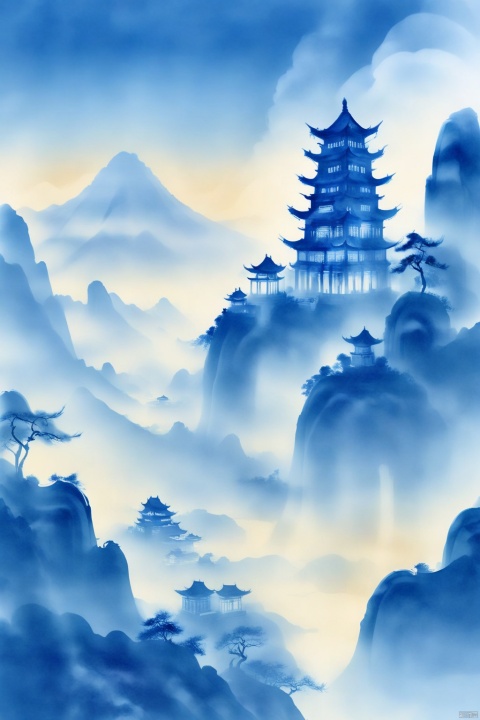 Tie dyeing style, Tie dyeing, outdoors, sky, cloud, tree, no humans, building, scenery, blue theme, mountain, architecture, east asian architecture, fog, Blue tie dyeing