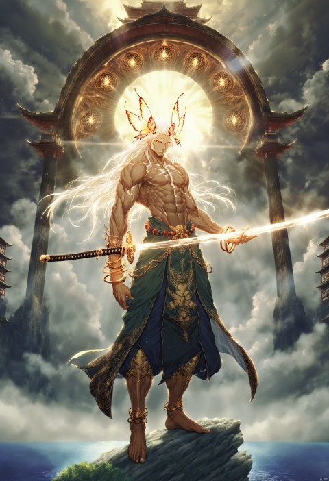  masterpiece, best quality solo, 1boy, weapon, male focus, sword, abs, bracelet, muscular, holding weapon, jewelry, holding, glowing, long hair, holding sword, floating ,scenery, cloud, sky, outdoors, cloudy sky, light rays, fantasy, water, sunlight, light particles, building, bug, standing, butterfly, animal, solo, 