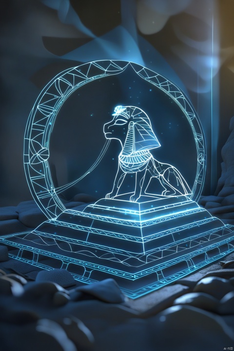 a wireframe hologram of great sphinx of giza with glowing blue lines forming intricate patterns around its iconic structure against an isolated dark background. the design showcases detailed architectural and features, creating a visually stunning representation of ancient egyptian architecture. this digital artwork is perfect for creative projects that need to convey both historical significance and futuristic technology, in the style of 8k