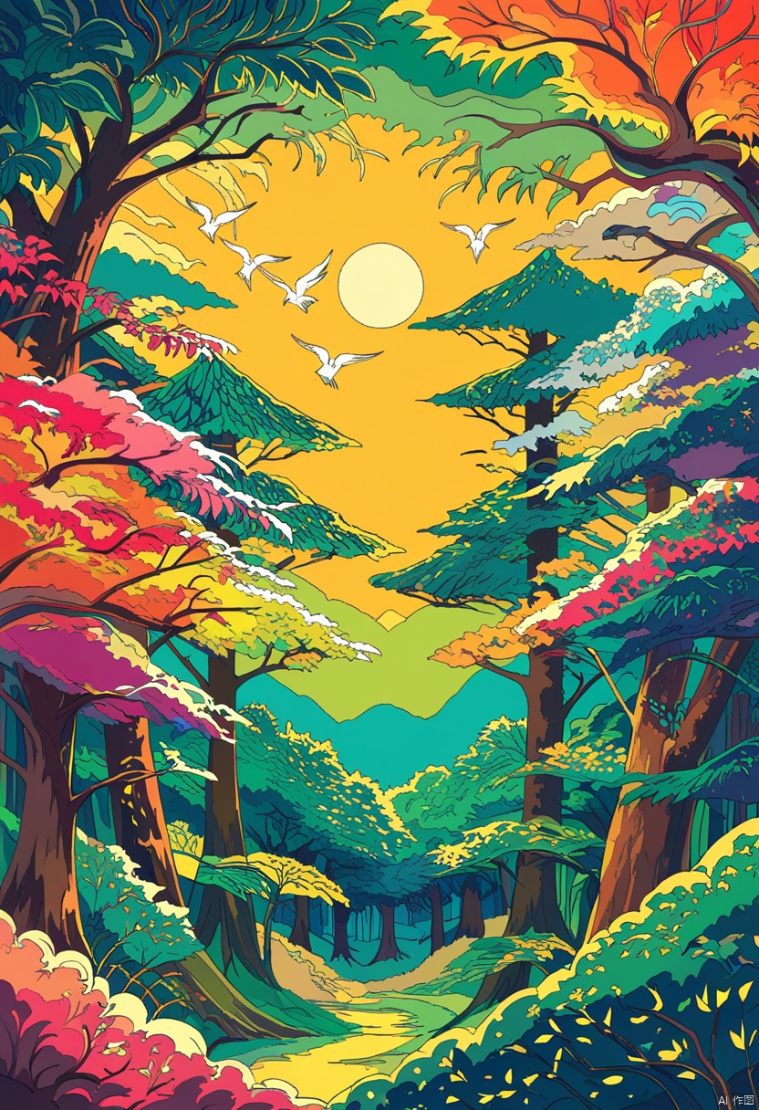 he cover of the fantasy comic is "Twenty-Four Solar Terms", surrounded by spring colors, swirling patterns and flying swallows, creating an atmosphere full of mystery and magic. The background is an endless forest, completely composed of leaves of various colors, creating a strong visual impact. This illustration style is colorful, bright, and green, showing intricate details and mysterious emotions