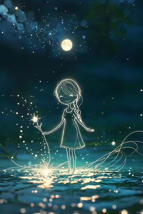  (masterpiece, top quality, best quality, official art, beautiful and aesthetic:1.2),gf-hd, 1girl, long hair, solo, water, night, dress, sky, white hair, hair ornament, night sky, wading, star \(sky\), white dress, from side