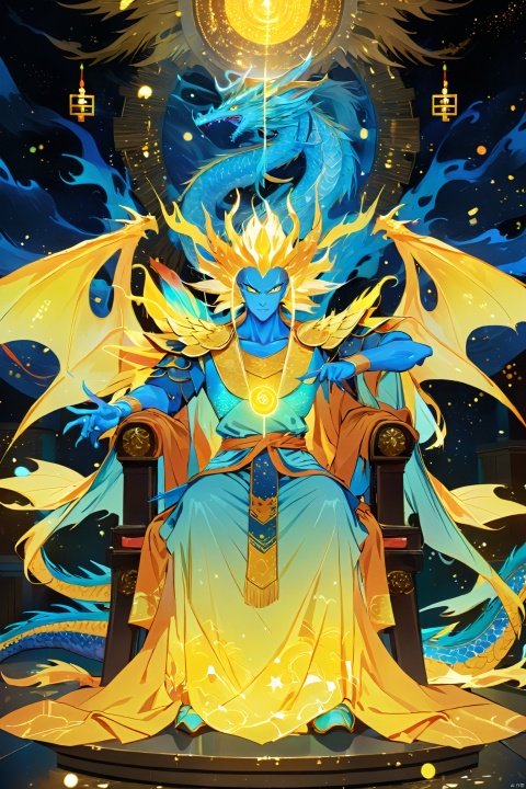  Dragon King, sitting on the throne, golden scales and a regal aura, His eyes are laser eyes that emit gamma rays, exuding a majestic aura. He exudes a regal demeanor, exuding a domineering aura, sturdy, (Van Gogh's starry night), dreams, art, illustrations,Create a dreamlike starry background, warm and beautiful, abstract and realistic, an extremely delicate and beautiful,extremely detailed,8k wallpaper,Amazing,finely detail,best quality,official art,extremely detailed, CG, unity,