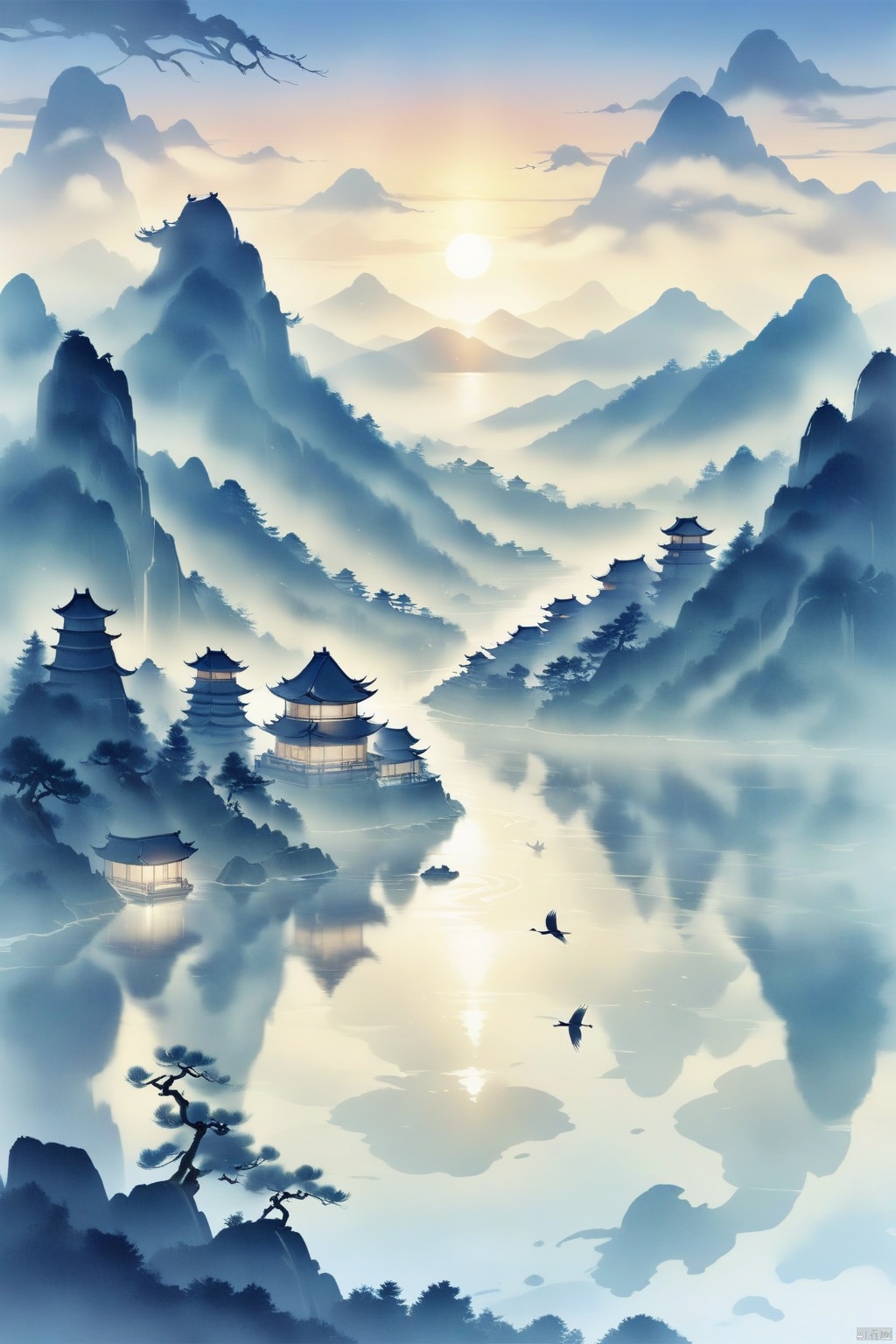 (ultra detailed, High quality ,best quality, High precision, Fine luster, UHD, 16k), (official art, masterpiece, illustration), A landscape painting with a lake, pine trees and a sunset, thick fog, with clear new pop illustrations, (large area of white space, one-third composition: 1.3), minimalist world, beige gray, Chinese Jiangnan scenery, digital printing, lake and mountain scenery, sunset and solitary crane flying together, guofeng, 