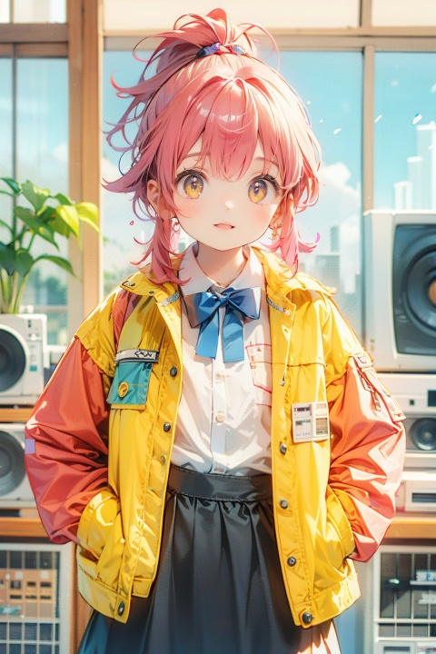  ((Masterpiece)), ((Best Quality)),80sDBA style, happy, pink hair, (highres),standing,original, extremely detailed wallpaper, (an extremely delicate and beautiful),(loli：1.2),(petite:1.2),Pink hair,Yellow eyes, (red Jacket),high ponytail,white collared shirt,hair flower,fipped hair,floating hair,Frown,hands in pockets,black dress,red bowtie,(solo),sky, skyline, skyscraper, smile, solo, sunflower, tower, upper_body,
