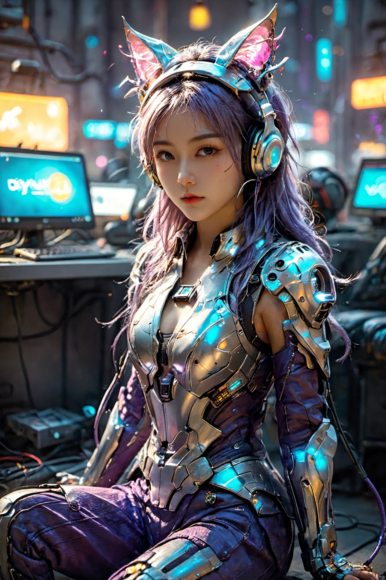 Optical particle,1girl,Future style gel coat,Future Combat Suit,animal ears,bodysuit,breasts,cat ear headphones,computer,hand on headphones,Glowing Clothing,Future Technology Space Station,full body,Sitting posture,Clothing with multiple light sources,headphones,headset,laptop,long hair,looking at viewer,motor vehicle,robot ears,science fiction,sitting,solo,Purple hair, glow, BY MOONCRYPTOWOW,(holographic projection), (cyberpunk style), (mechanical modular background), (Luminous circuit) (Flashing neon light) (Blue illuminated background) (Background blurring treatment), Light-electric style,shining,