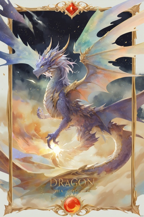 1 girl,dragon,   magic the gathering dragon card, in a gold frame with a light gold field under the image of a dragon, with a detailed description of the rules of the card, watercolor