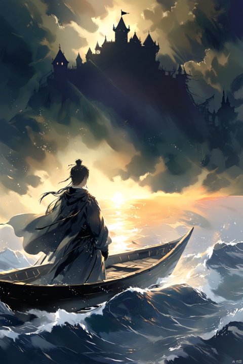 isolated dark background,silhouette,backlit,Castle, a man in a boat floating in the ocean,Night,Sparkling on the sea beautiful,fantasy scene