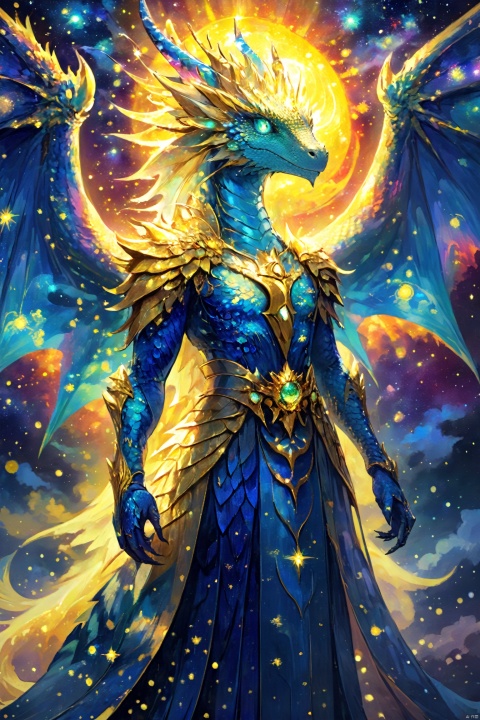 Dragon, wing, sitting on the throne, golden scales and a regal aura, His eyes are laser eyes that emit gamma rays, exuding a majestic aura. He exudes a regal demeanor, exuding a domineering aura, sturdy, (Van Gogh's starry night), dreams, art, illustrations,Create a dreamlike starry background,