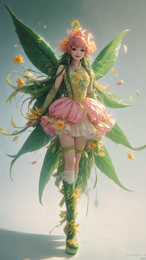  masterpiece,best quality, highly detailed, lilimon,1girl, solo, green wings, digimon (creature), gloves, smile, green footwear, traditional media, boots, flower, monster girl, plant, leaf, dress, simple background, full body,yuzu, gradient, 1 girl, 80sDBA style, flowers