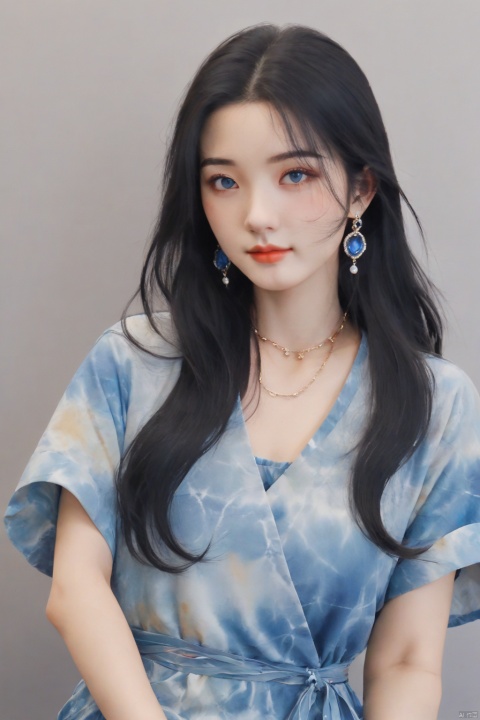 Tie dyeing style, Tie dyeing, 1girl, solo, long hair, looking at viewer, blue eyes, black hair, hair ornament, dress, jewelry, sitting, earrings, blue dress, Blue tie dyeing