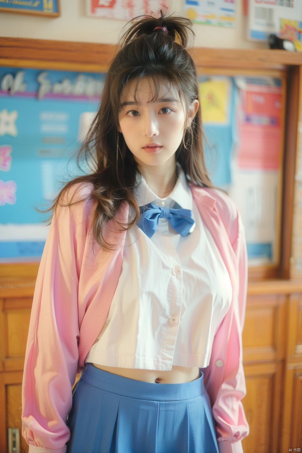  ((Masterpiece)), ((Best Quality)),80sDBA style,  Super High Resolution, 1 Girl, Medium Shot, Busty, Looking at the Audience, School, School Uniform, JK Uniform, Solo, Long Hairl, Brown Hai