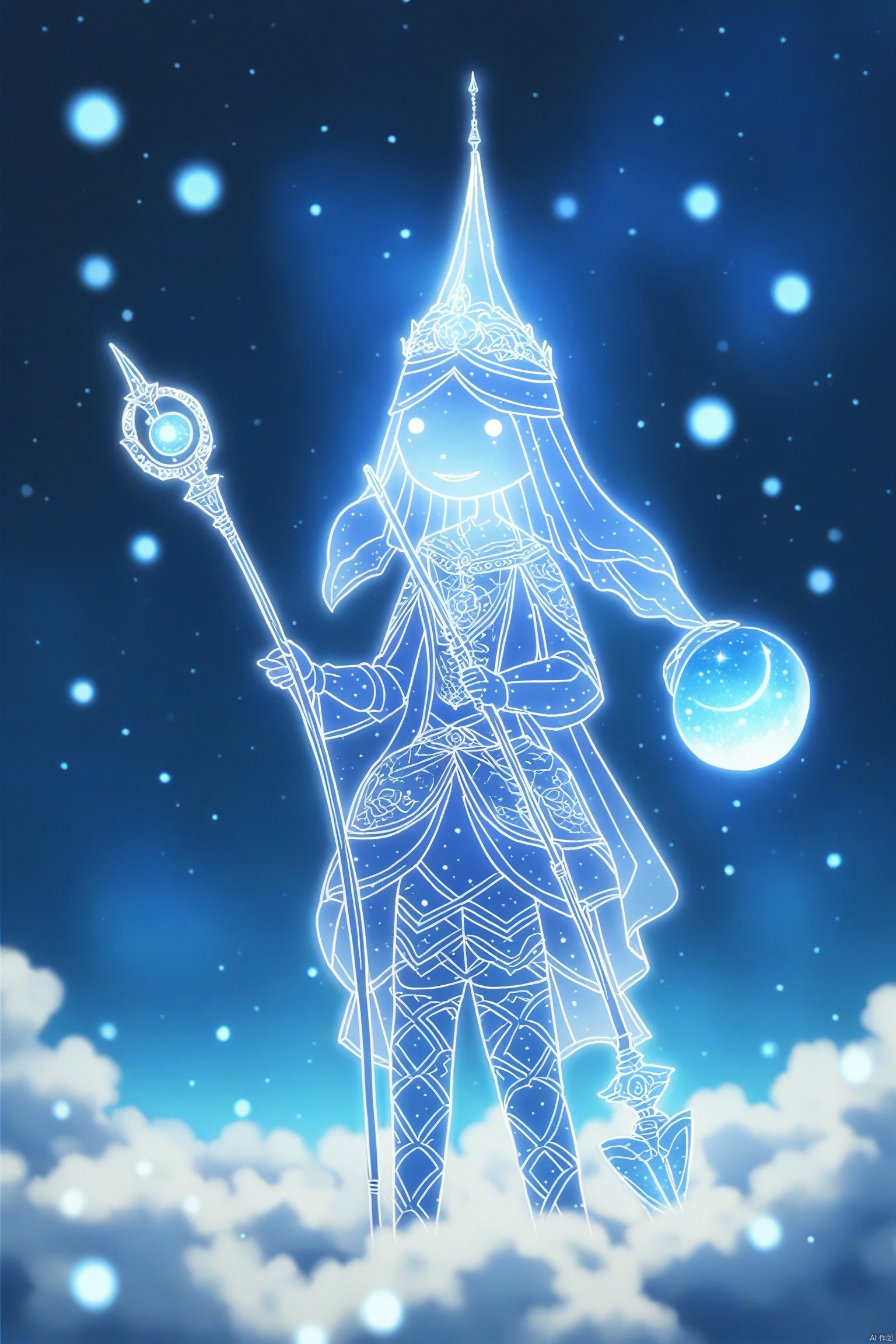  Highly detailed Powerfull blue god holding a staff in the 5th, detailed face, detailed body, dimension, very colorfull, highly detailed, the enviroment is a dreamy palace in the clouds with the night sky full of stars