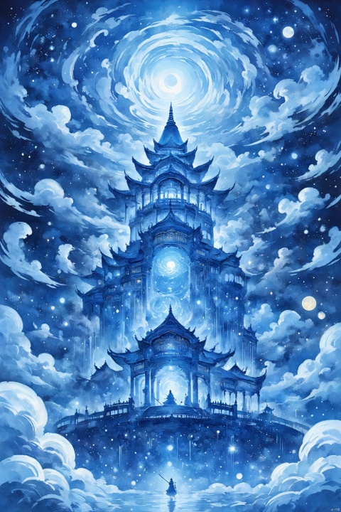 Highly detailed Powerfull blue god holding a staff in the 5th, detailed face, detailed body, dimension, very colorfull, highly detailed, the enviroment is a dreamy palace in the clouds with the night sky full of stars