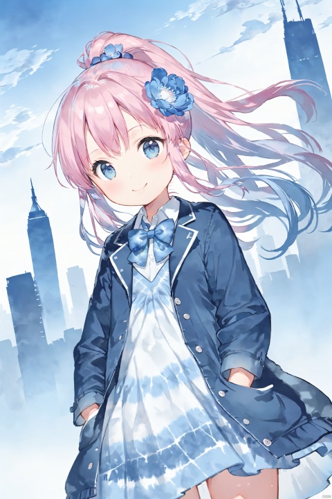 pink hair,  blue theme,Tie dyeing,tie dyeing style,loli,petite,long hair, Jacket,high ponytail,collared shirt,hair flower,fipped hair,floating hair,Frown,hands in pockets,dress,bowtie,(solo),sky, skyline, skyscraper, smile, solo,flower