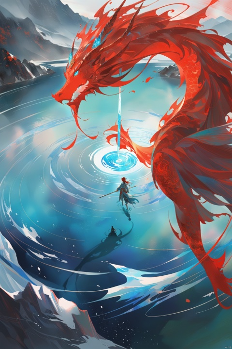  animation of an black red giant Chinese dragon swimming on the lake surface, the dragon huge and very long, a girl on the lake,Dragonheaddecoration, A circle of ripples formed on the water surface, the girl holding a sword, Drone perspective, blue-ice lake water, Chinese Martial Arts World, Chinese mythological scenes, Bright colors, Sunlight, Transparent lake water, megalophobia, by Tsui Hark, Chinese movie Big Fish and Begonia, watercolor, ananmo,Detailed complex chaotic seascape red burning light mysterious silhouette of ice dragon,UV-reactive, red light art concept by Waterhouse, Carne Griffiths, Minjae Lee, Ana Paula Hoppe, Stylized florescent art, Intricate, Complex contrast, HDR,OverallDetail, mineral color painting, msi