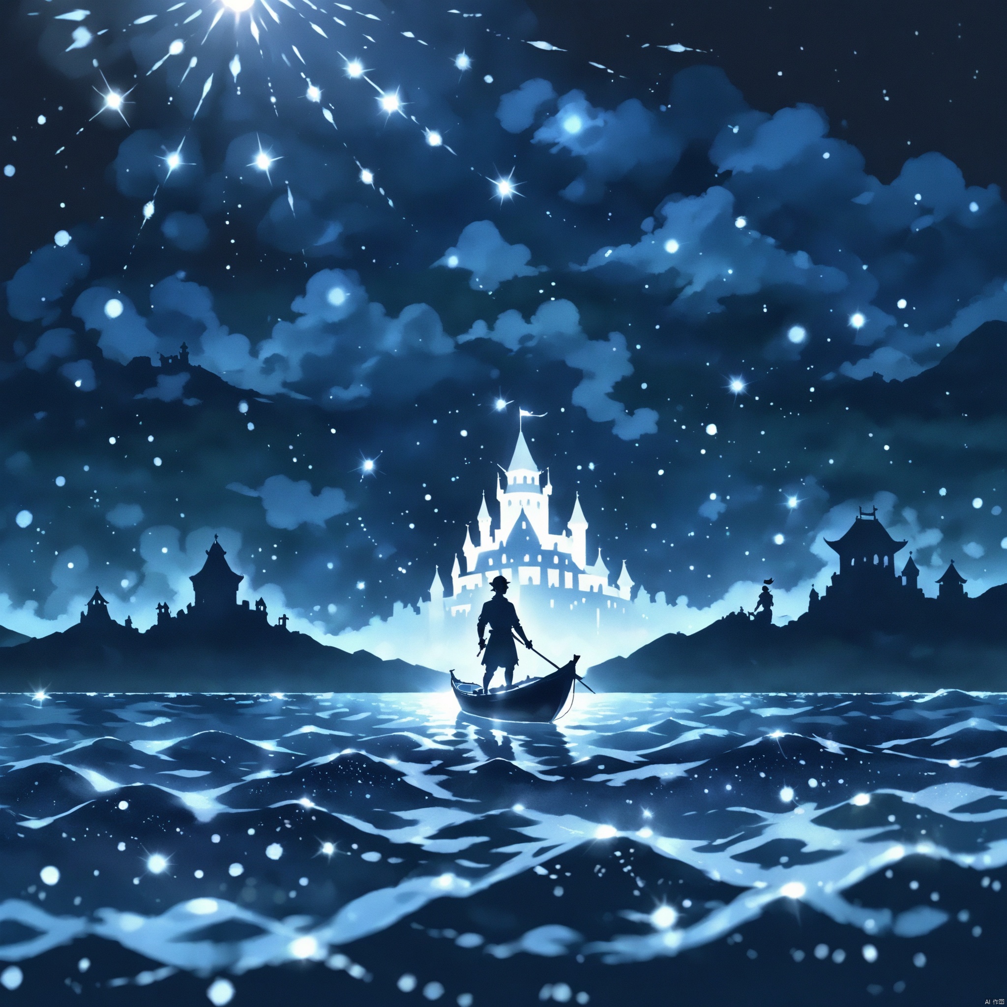 Dot Mat Hologram,isolated dark background,silhouette,backlit,Castle,
a man in a boat floating in the ocean,Night,Sparkling on the sea beautiful,fantasy scene