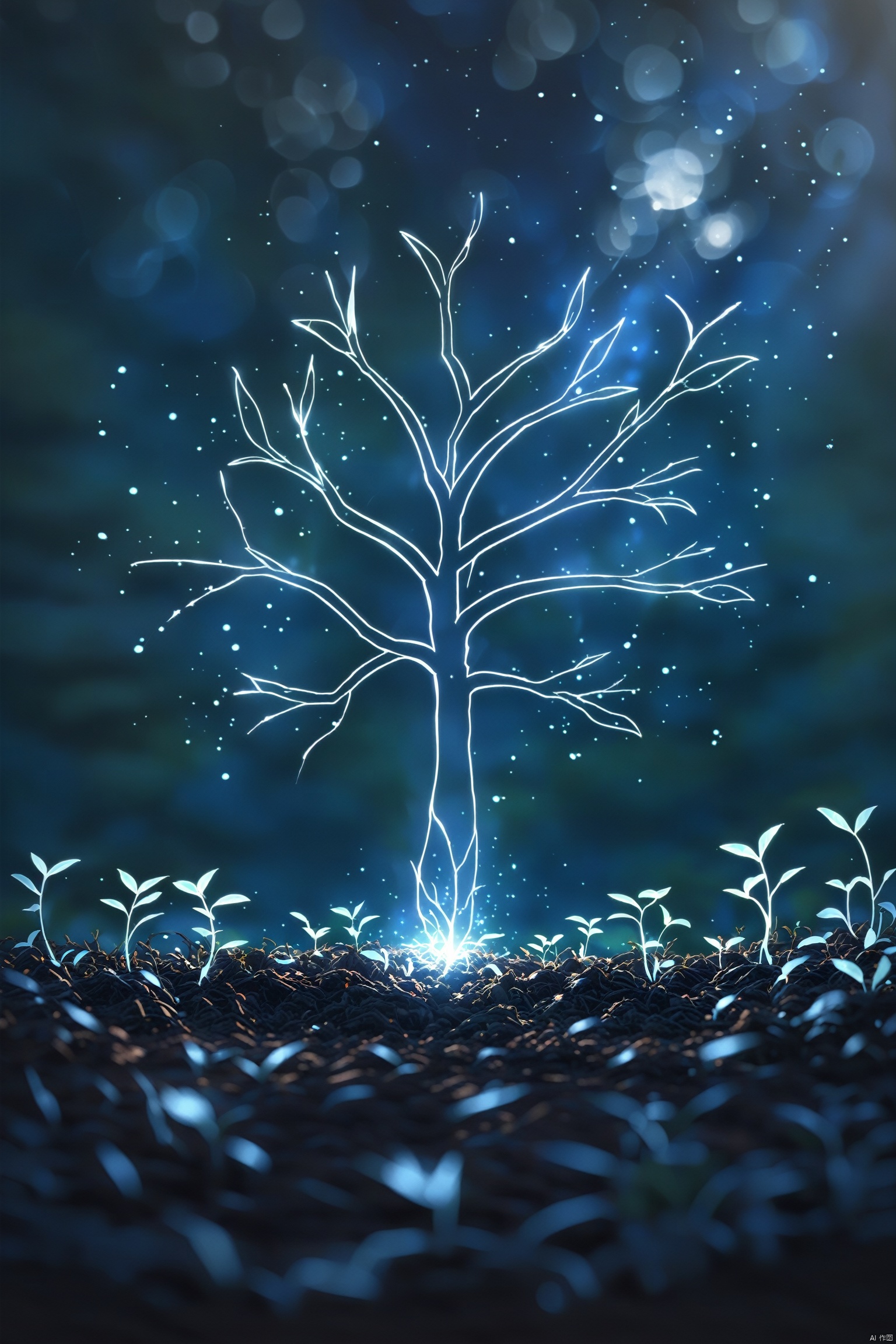 A majestic tree of life with glowing blue roots, branches reaching out to the stars and sky above it, shimmering white leaves. The background is a dark night with faint lights from distant worlds. A magical glow emanates from within the trunk, creating an aura that illuminates its surroundings. In the style of game concept art, with an anime style, vibrant colors, high contrast, sharp details, and detailed textures.