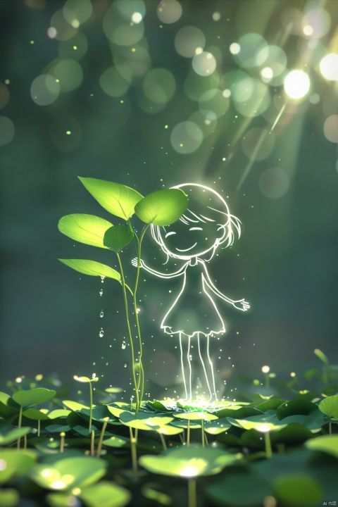 A cartoon Q-version 3D full body rendering, summer, a cute little girl wearing a princess skirt, combing princess hair, one hand supporting a lotus leaf, one foot standing on the lotus leaf, and the other foot crossing over another lotus leaf. Happy, lotus leaf floating on the water, lotus flower, rainy in the sky, green, designed with a blind box toy character style, shooting the whole body in a simple background, C4D, studio lighting, mixer, OCT rendering, detailed, high-precision 8K