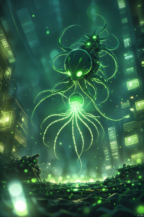  A mechanically composed octopus, alien technology, glowing green, massive body, suspended in the air of the city, sci-fi style
