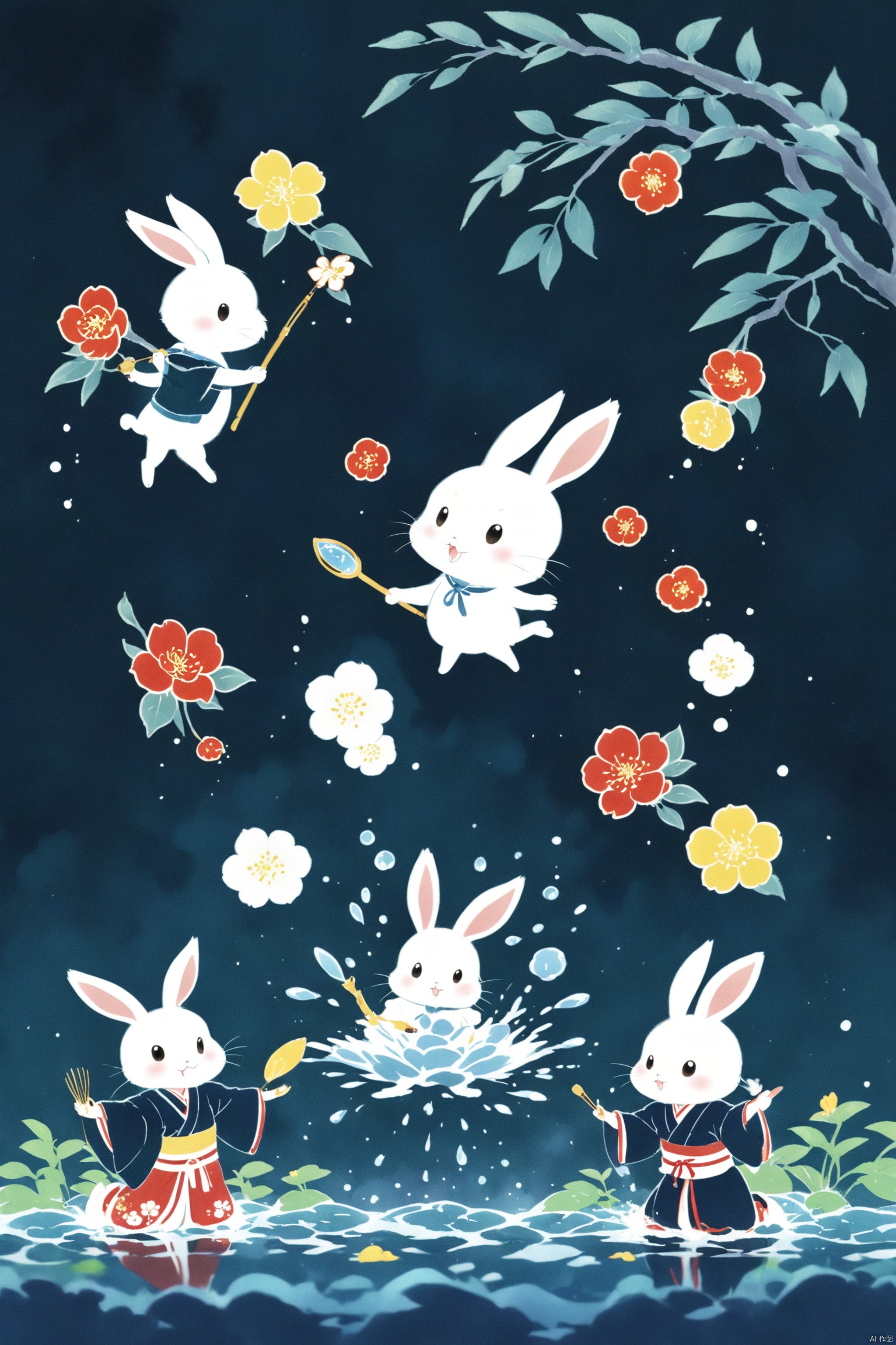 A different imaginative series of cartoons, small rabbits, Japanese style, where friends are playing, cartoon style of Japanese animation, human figures and general special edition, introduction of Japanese animation style decoration elements, Sanskrit high school Black style, bold Shape, water powder