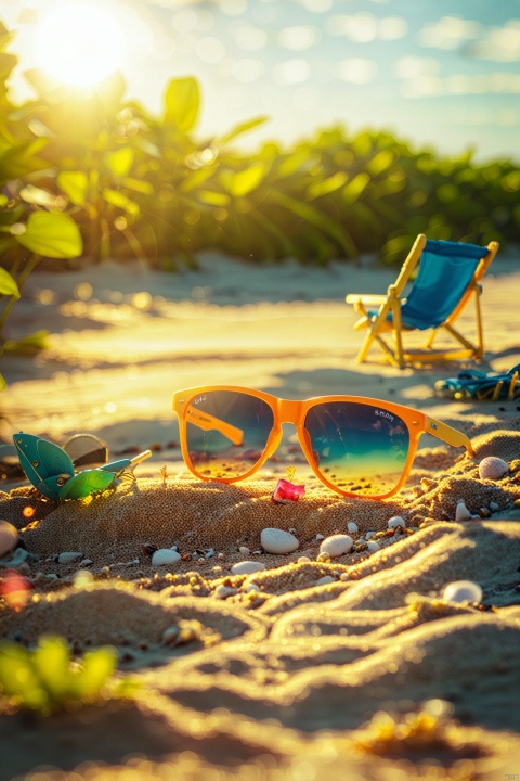  Macro photography, a giant colored sunglasses in a miniature landscape of a summer beach, featuring people, resorts, beach chairs, seawater, beaches, a joyful atmosphere, contrast between light and dark, high saturation colors, and ultra-high definition resolution,