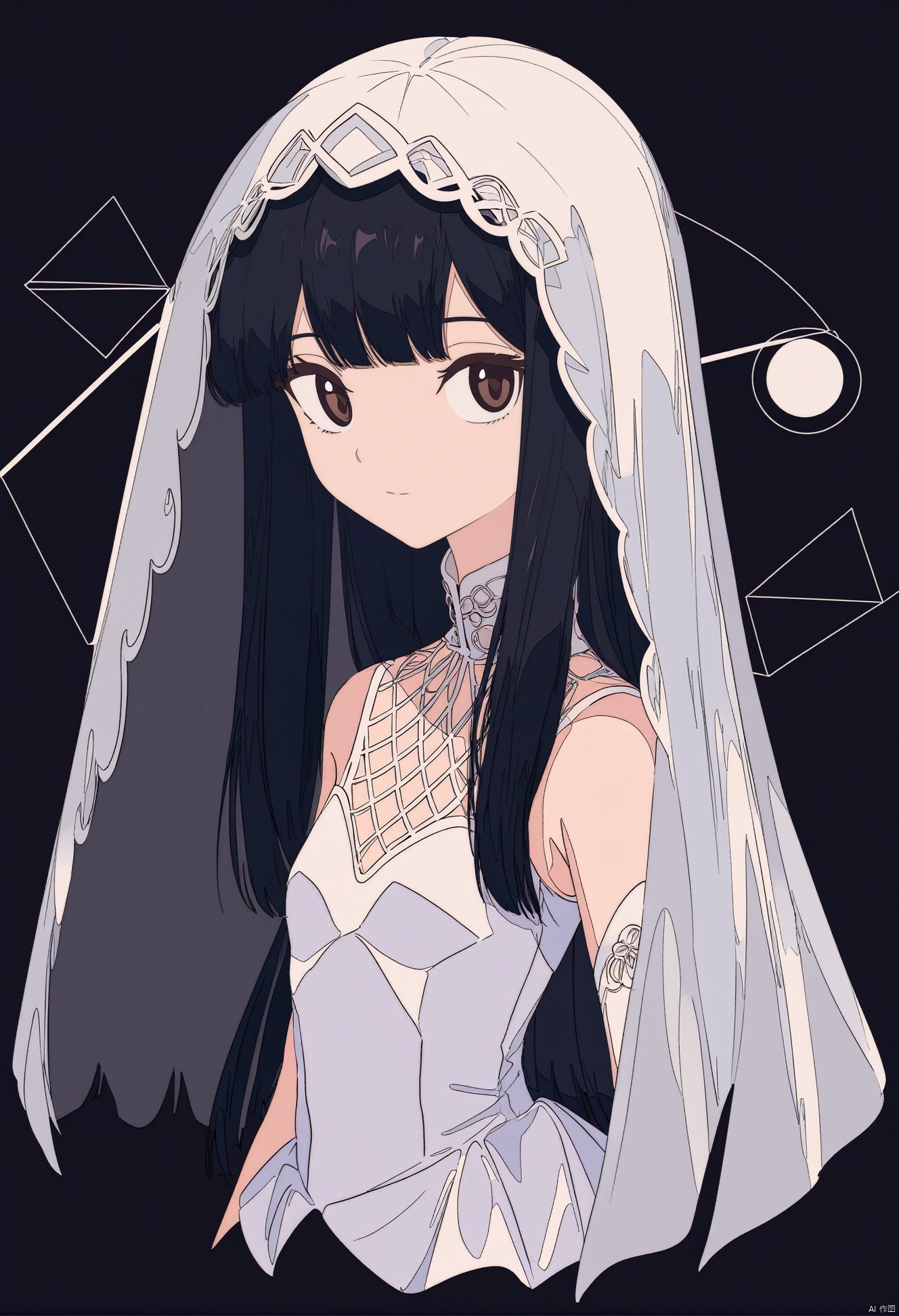 a gongbi painting of a 20 years old black long hair Chinese girl, Cute and beautiful girl, wearing a white wedding dress and a white veil on her head, pink and tender, half body, looking at the camera, extremely minimalism portrait, geometric shapes, matte light black background, in the style of crisp neo-pop illustrations, animated gifs, dolly kei, cartoon-like characters