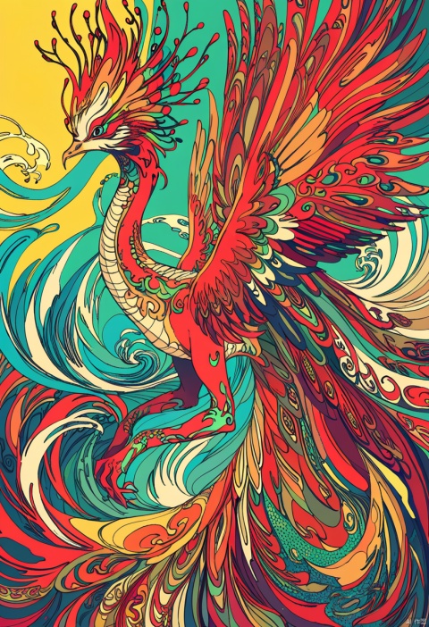 red chinese phoenix, Multicolored, Colorful, Bright Colors, Victo Ngai style, Mind-blowing Details