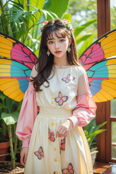 Color curves, 18-year-old beautiful girl wearing a colorful dress with magical wings, standing among flowers and butterflies, soft light, dreamy colors, rich facial and clothing details, masterpiece