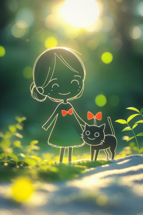  Cute little girl wearing a red bow, 1 black cat, Hayao Miyazaki style, handmade, 3D art, soft lighting, bright colors, blurred background, 3D rendering, cute style, decorative painting, flat painting, Sailulu