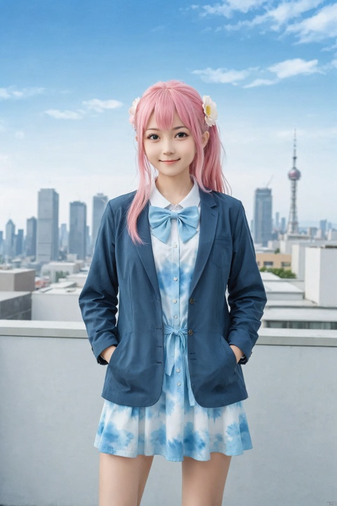  pink hair, blue theme,Tie dyeing,tie dyeing style,loli,petite,long hair, Jacket,high ponytail,collared shirt,hair flower,fipped hair,floating hair,Frown,hands in pockets,dress,bowtie,(solo),sky, skyline, skyscraper, smile, solo,flower