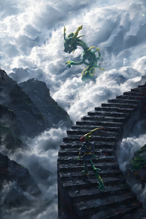 score_9, score_8_up, score_7_up, score_6_up,Pokemon Rayquaza,good background,anime,Endless Steps, Climbing stairs, CG, stairs, a head in the clouds, a large, scary, Pokemon Rayquaza creature in the distance