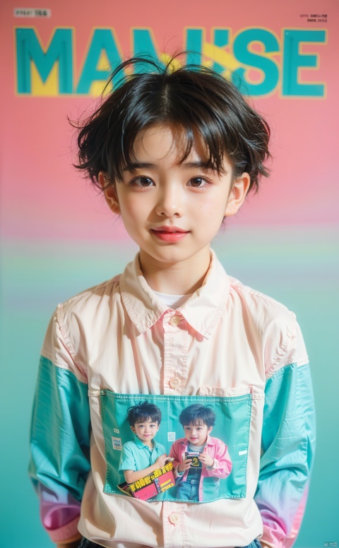  80sDBA style, fashion, (magazine: 1.3), (cover style: 1.3),Best quality, masterpiece, high-resolution, 4K,cool children,  little boy, smile, exquisite makeup,(Green and Cyan and Pink | Silk shirt, Gradient:1.2), lace
