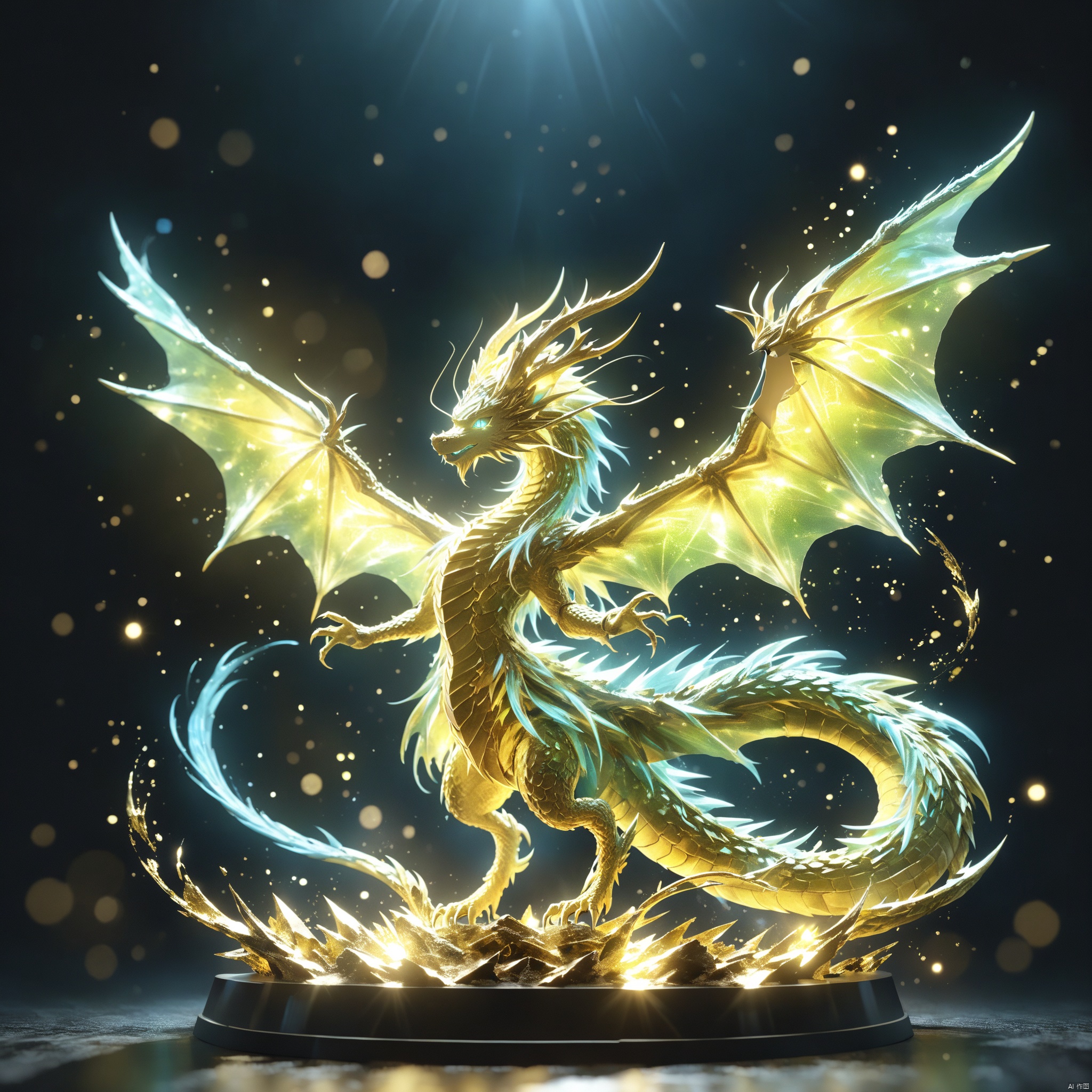 Dream Style, 3D render, a glowing neon-colored dragon-like spiritual transparent Pokemon, simple background, dark background, award-winning picture, highly detailed, ultra-high resolutions, 32K UHD, sharp focus, best quality, masterpiece, MSI\(Monon\)