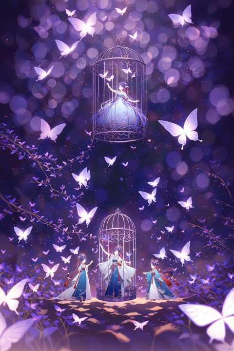  super detail,A painting shows three women dressed in the style of Chinese opera characters, performing on stage surrounded by colorful butterflies inside an iron cage. The background is a dark blue and purple, with a light color scheme that creates a dreamy atmosphere. The entire scene gives people a visual impact and vitality. in the style of Hayao Miyazaki.