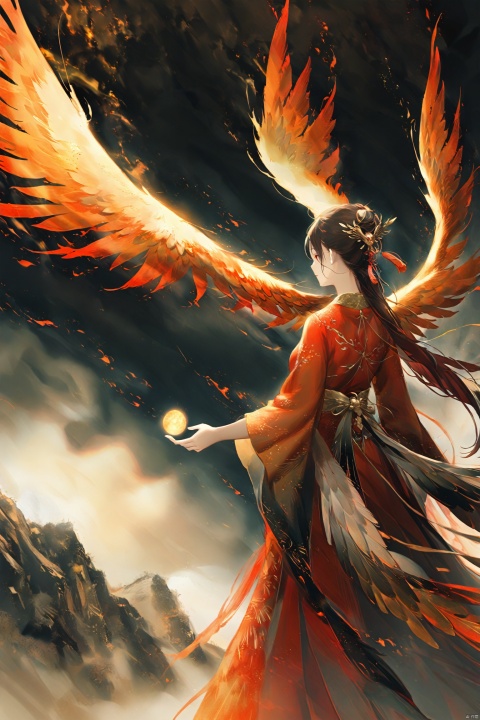  Red clouds, phoenix, spreading wings, golden sky, back, red clothed woman holding a red tassel, shining golden yellow light in the sky, mysterious atmosphere, grand, texture matte, fiery red glow, white Tindar light, diffuse gradient, Gaussian blur, looking up, dazzling, ancient style, excellent light and shadow, color curve, ananmo