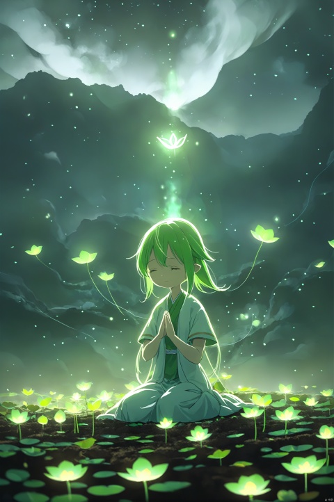  1girl, solo, best quality, ethereal alien landscape, floating in lotus position, deep contemplation, hands in prayer, long flowing pale green hair, glowing celestial markings, diaphanous robes, spiritual, transcendent, Atmosphere_X