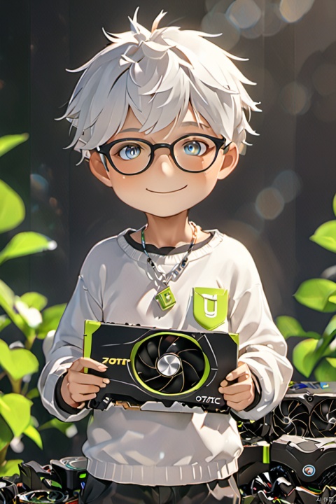  ZOTAC, solo, looking at viewer, blush, smile, 1boy, holding,Graphics card, upper body, male focus, glasses, necklace,sweater,气质男孩,围巾小孩,山水如画