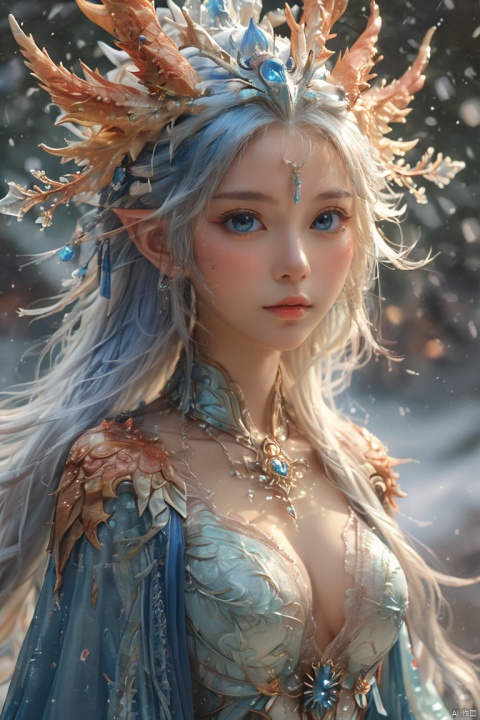  ((best quality)), ((masterpiece)), ((ultra-detailed)), extremely detailed CG, (illustration), ((detailed light)), (an extremely delicate and beautiful), a girl, solo, ((upper body,)), ((cute face)), expressionless, (beautiful detailed eyes), full breasts, (medium breasts:1.2), blue dragon eyes, (Vertical pupil:1.2), white hair, shiny hair, colored inner hair, [Armor_dress], blue_hair ornament, ice adorns hair,depth of field, [ice crystal], (snowflake), dofas, tqj-hd, chinese new year