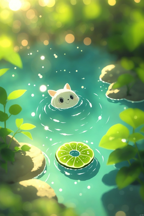 high-quality, an american shorthair cat soaking in a cucumber slice hot spring, very comfortable, with a vacation-style beach color tone, hawaii color tone, feeling like being on vacation, 45-degree overhead perspective, full of animated style, perfectly matching the style of disney's mickey mouse character.