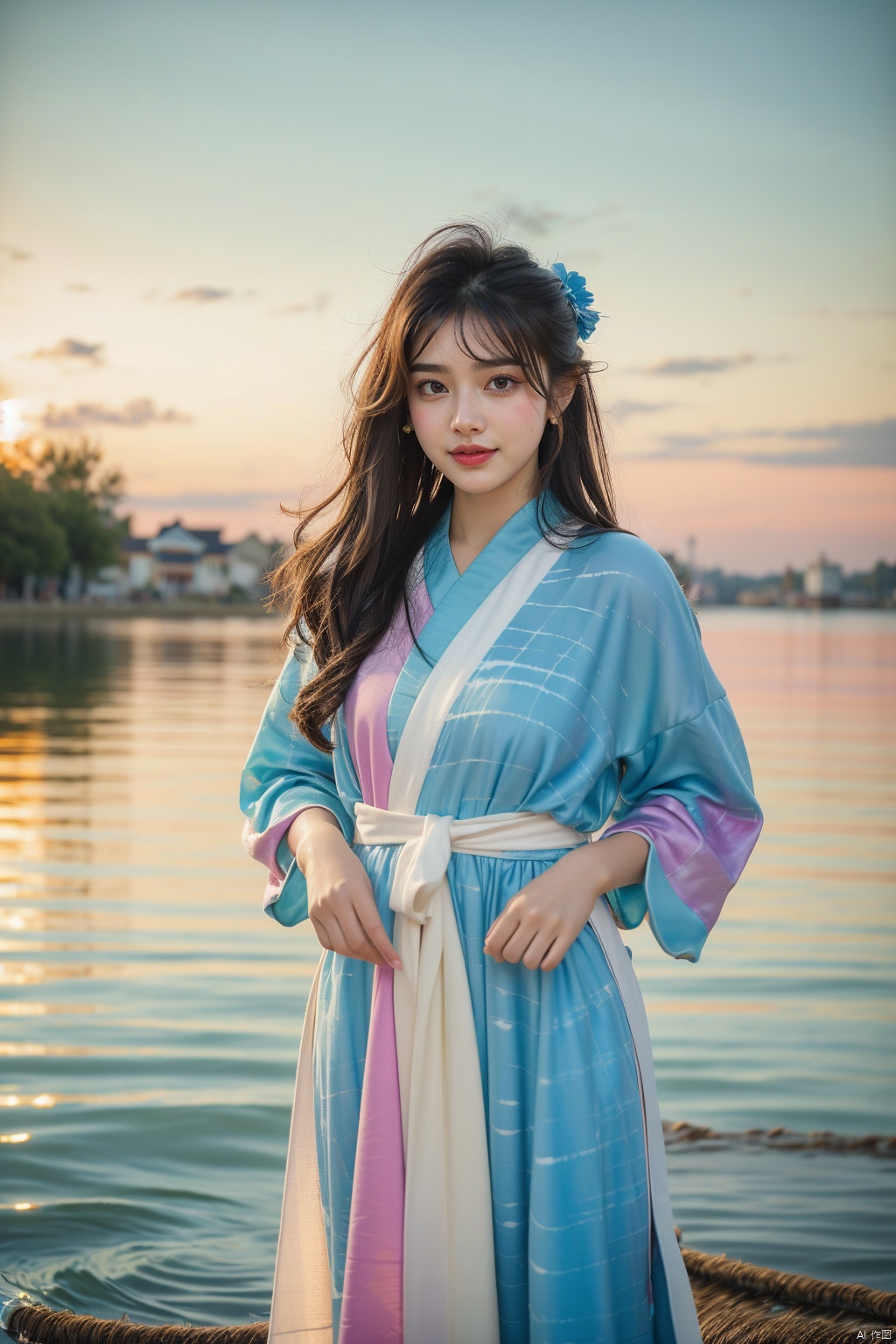 Under the shining stars, an 18-year-old girl, dressed in a blue tie dye dress and Hanfu, with a bright smile on her face, stands in the soft and flowing off white clouds, reflecting a dreamlike scene. The dynamic composition, interweaving of aquatic elements, harmonious design, cinematic lighting, ultimate clarity, meticulous complexity, layered chromaticity and 32K resolution, soft light and shadow, Zeiss lens